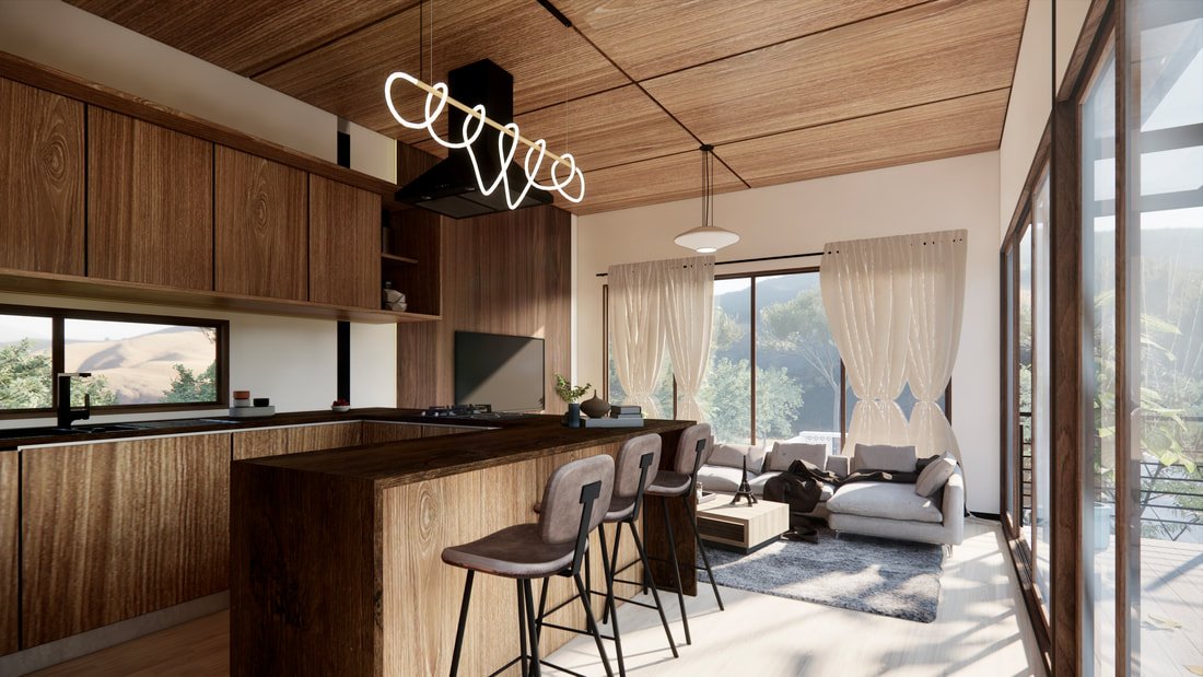 Living room with wooden cabinetry, a kitchen counter, large windows with curtains, and a sofa with a coffee table.