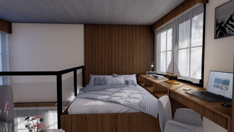 Modern bedroom with wooden accent wall, large window with sheer curtains, bed with striped bedding, wooden desk with decorative sailing ship, laptop, and office supplies, and two gray chairs.