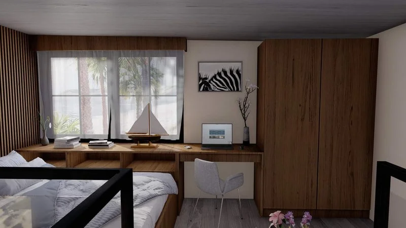 Modern bedroom with large window, wooden furniture, a bed, a desk with a chair, and decorative items.