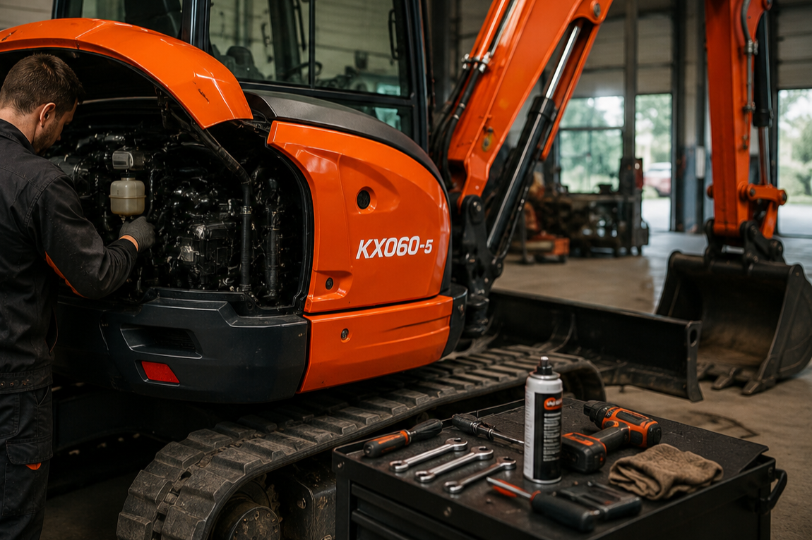 A person working on a small orange excavator inside a workshop, with tools and a can of lubricant on a nearby table.