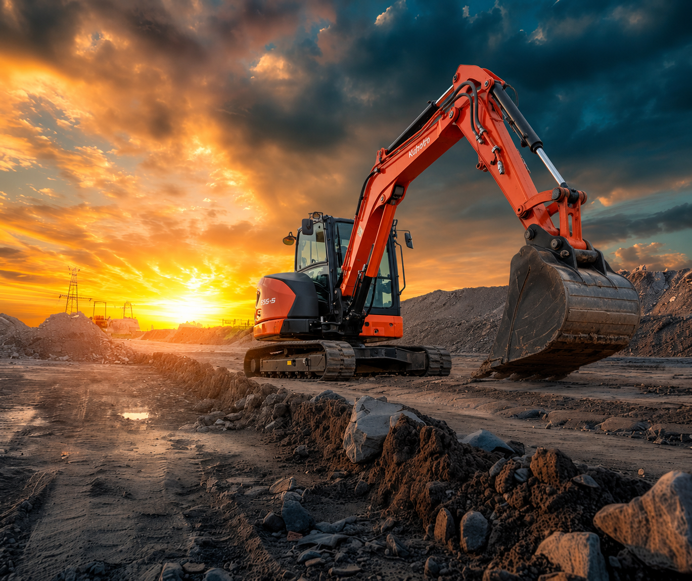 A construction excavator on a dirt site during sunset with a dramatic sky and distant power lines.
