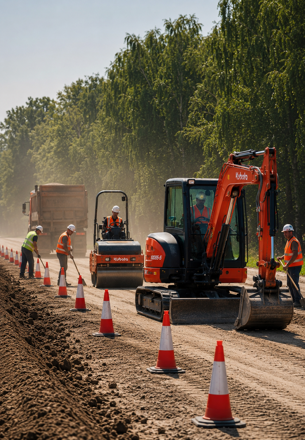 Construction workers in safety gear working on a dirt road using heavy machinery and traffic cones, with trees in the background.