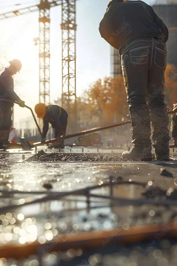 Construction workers are pouring and spreading concrete on a building site with cranes and trees in the background.