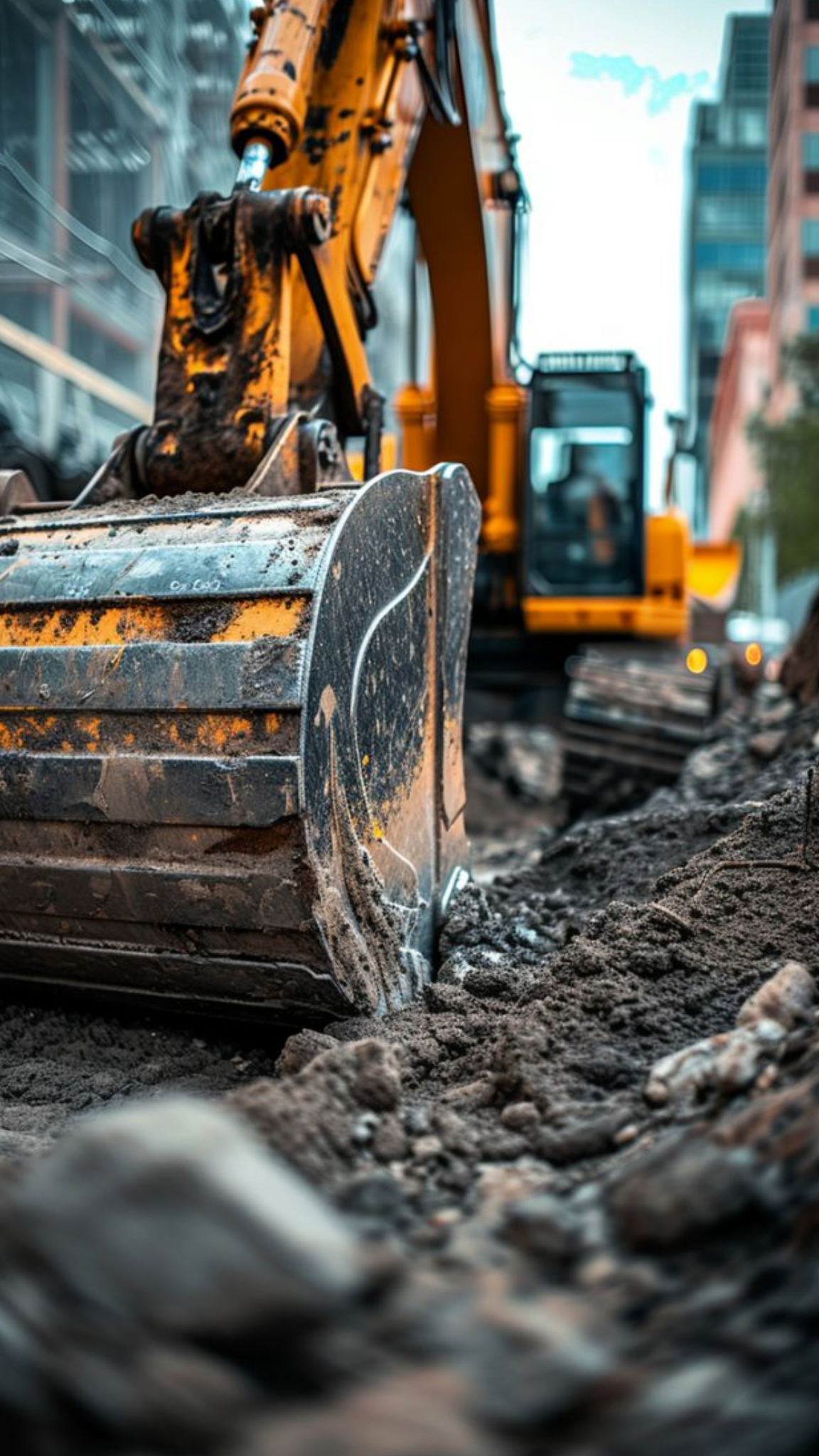 Close-up of a construction excavator digging in an urban area with tall buildings in the background.