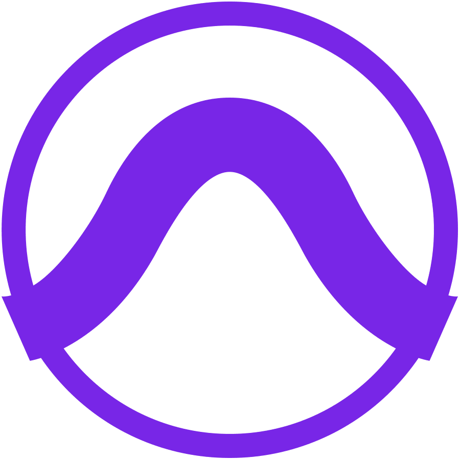 A purple and black circular abstract logo with a wave-like design.