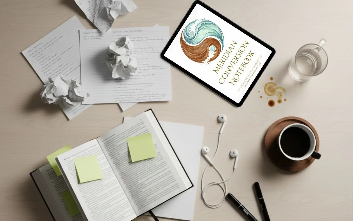 A cluttered workspace with scattered papers, an open notebook with sticky notes, a tablet displaying the Meridian Conversion Notebook, a glass of water with coffee stains nearby, a cup of coffee on a wooden coaster, earbuds, black pens, and a crumpled tissue on a light wooden desk.