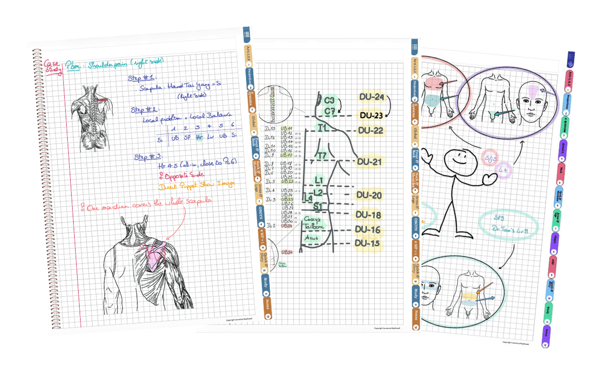 Three pages of handwritten notes and drawings on lined paper, including anatomical sketches of the shoulder and shoulder muscles, a chart of muscles and acupuncture points, and a cartoon character with speech bubbles explaining shoulder pain and treatment.
