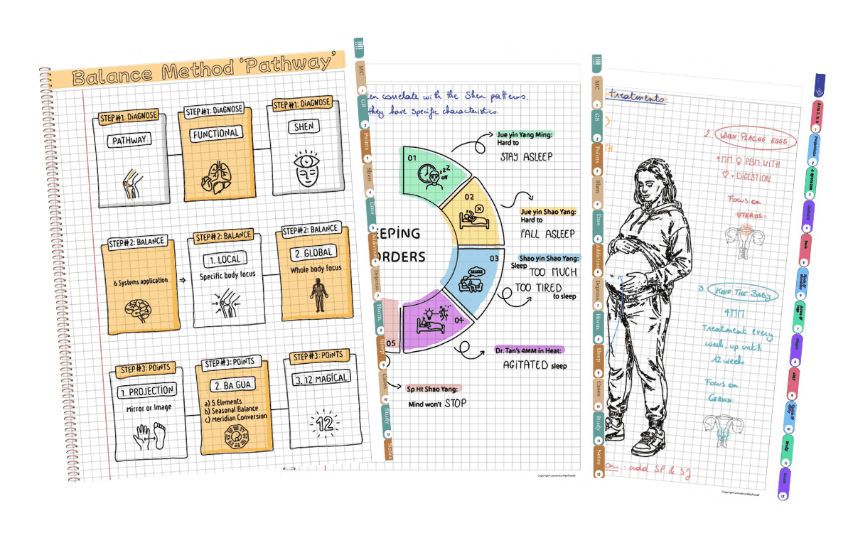 Three pages of handwritten notes and diagrams on a grid notebook, discussing the balance method pathway, sleep patterns and tips, and a drawing of a woman holding a laptop.