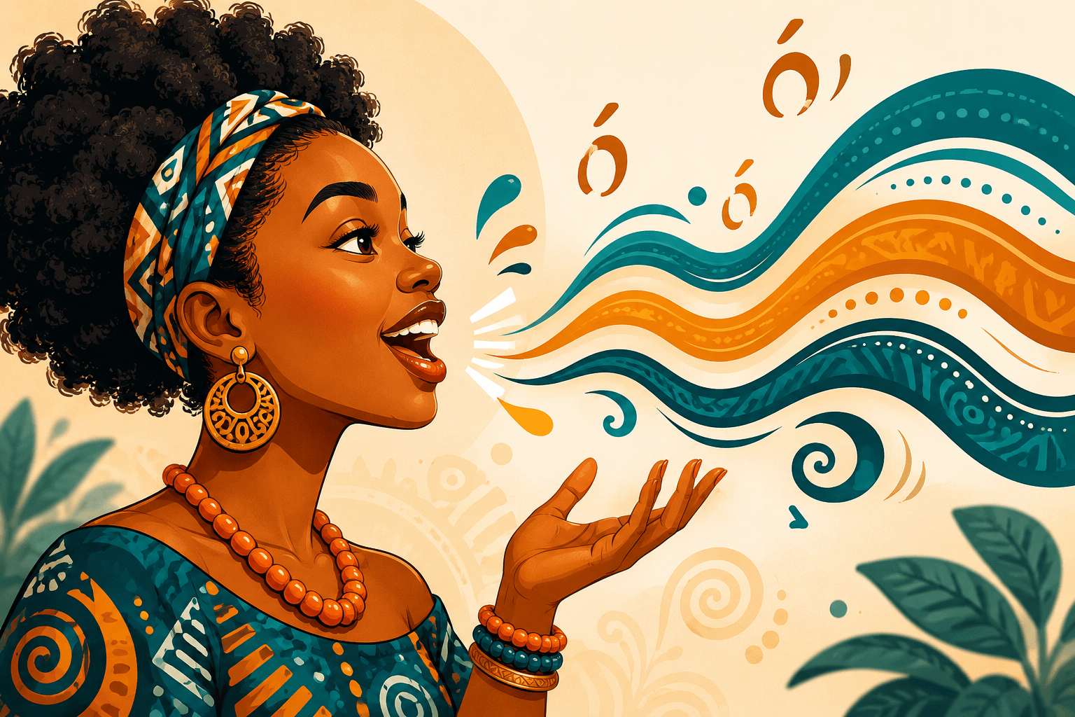 Build Real Igbo Phrases — Conversation Practice. Cartoon illustration of two young Nigerians building Igbo sentences together with glowing word puzzle pieces in speech bubbles.
