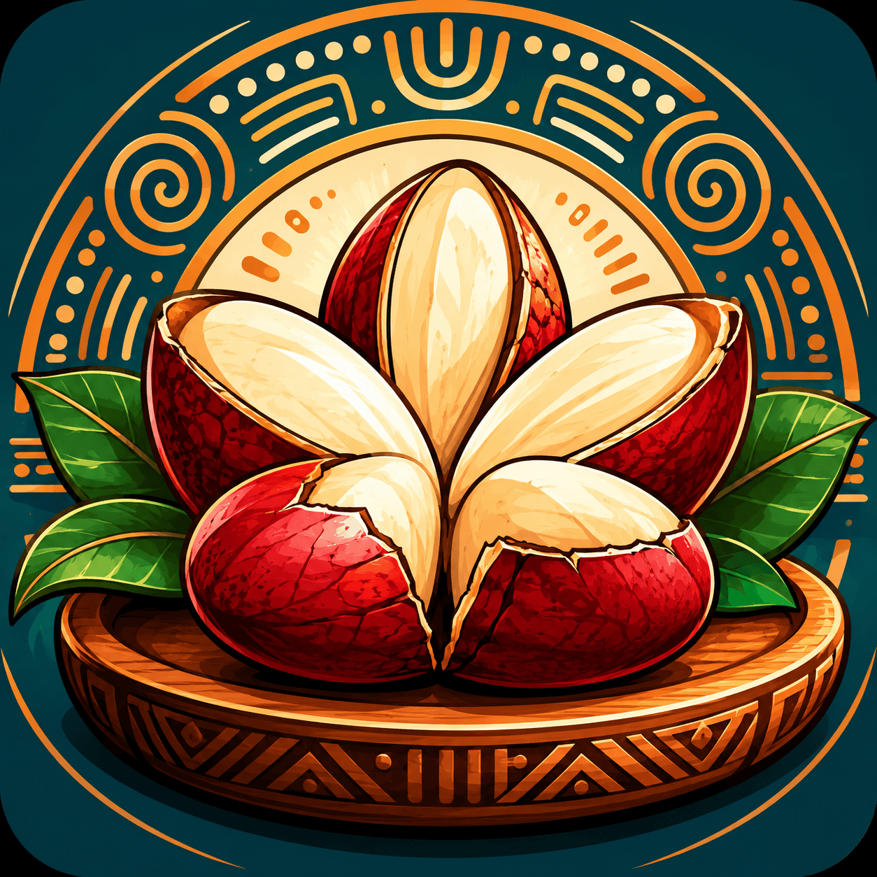 Explore The Depth of Igbo Culture and Tradition. Icon illustration of a split Igbo kola nut surrounded by traditional Uli circular patterns on a teal background