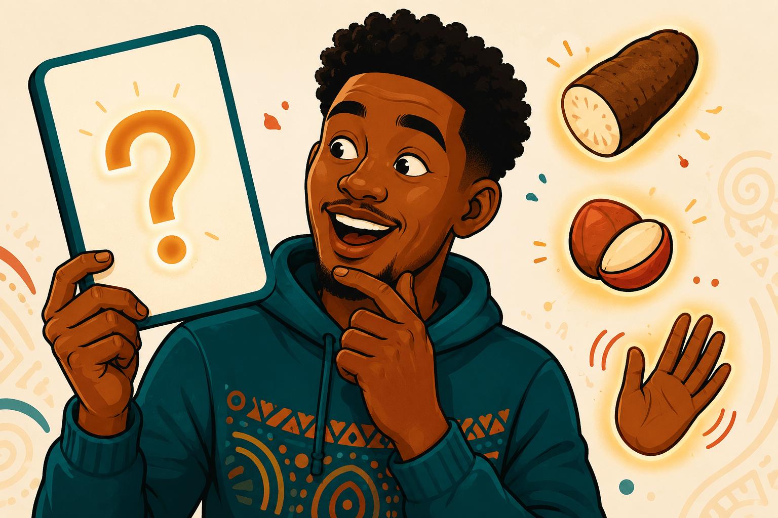 Igbo Vocabulary Flashcards — Learn 200+ Words. Cartoon illustration of a Nigerian-American man holding an Igbo vocabulary flashcard surrounded by floating cultural objects.