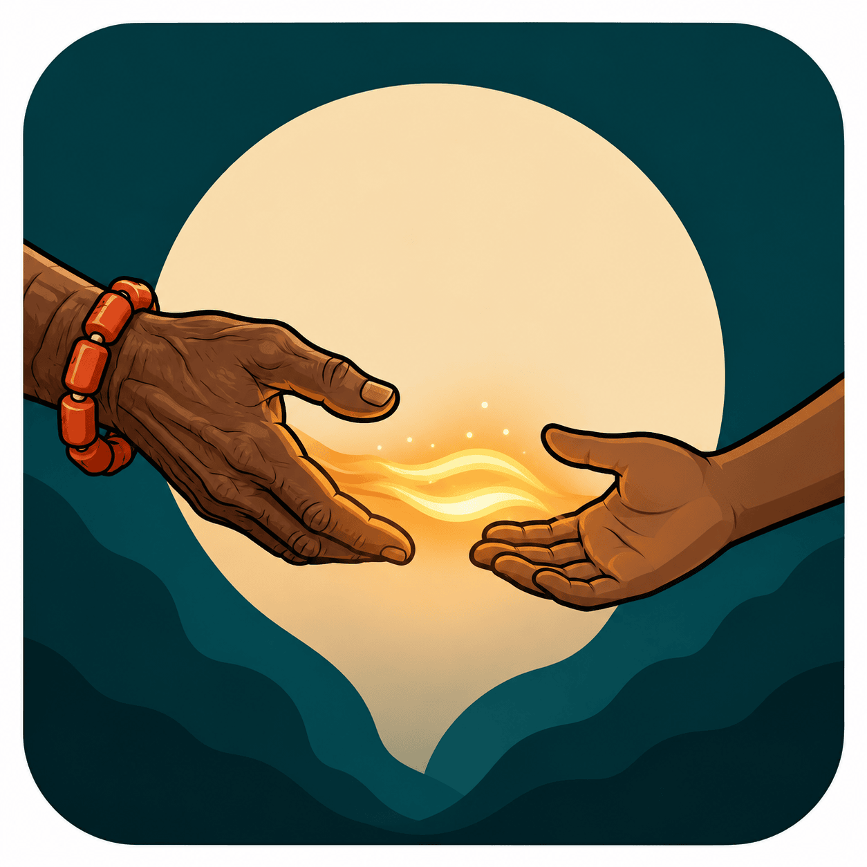 Reconnect With Your Igbo Lineage and Ancestry. Icon illustration of an elder Igbo hand with coral beads and a young hand reaching toward each other with an amber glow
