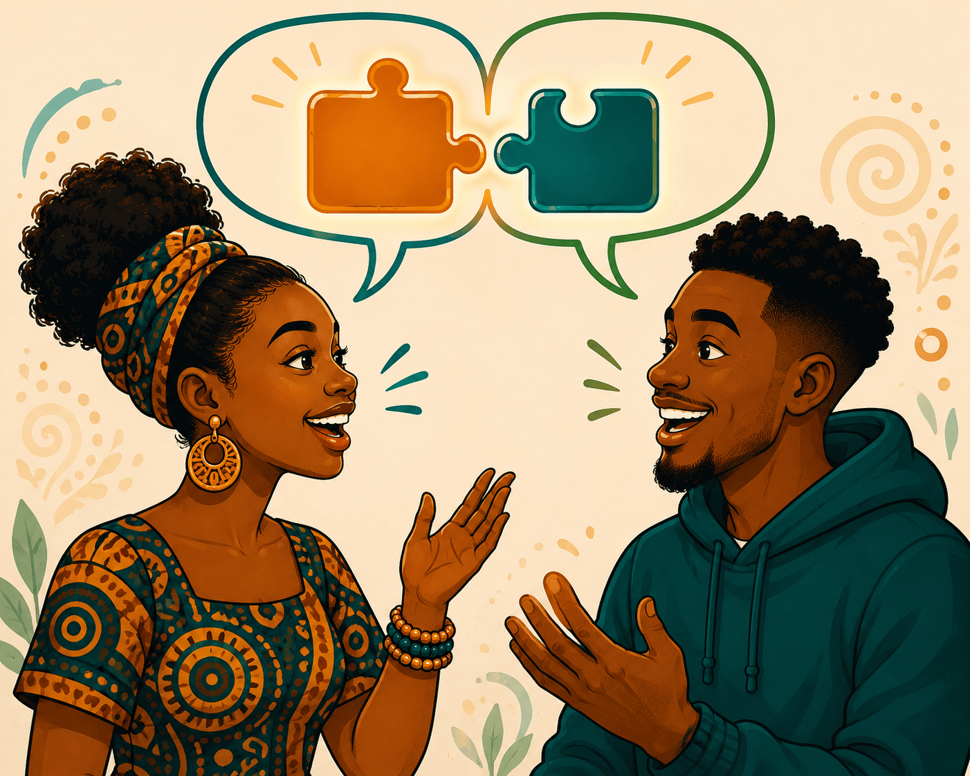 Learn Igbo Tones — High, Mid and Low Pronunciation Guide. Cartoon illustration of a Nigerian woman speaking with teal and amber sound waves representing Igbo high, mid, and low tones.