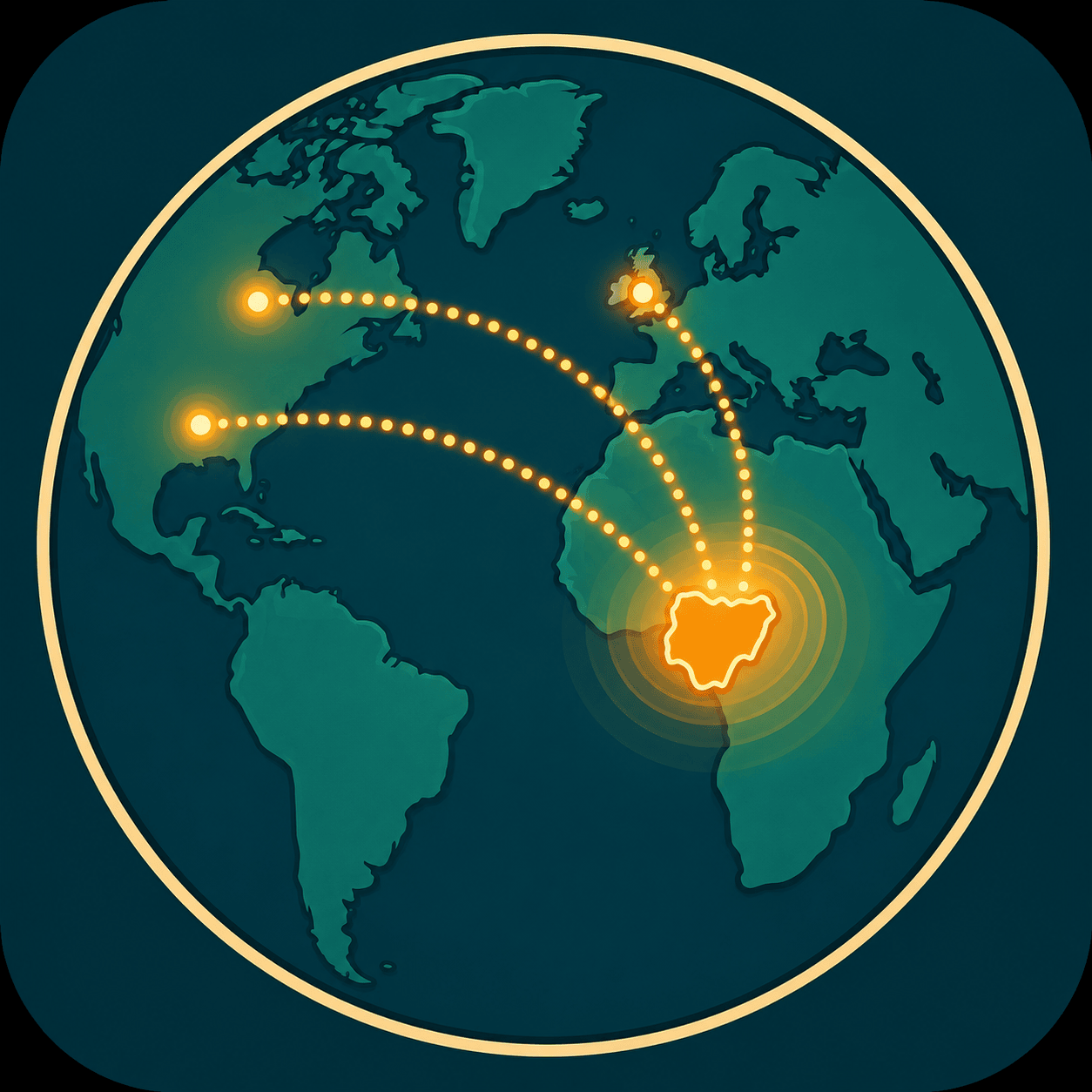 Join The Global Igbo Diaspora Community. Icon illustration of a globe with Nigeria glowing in amber and dotted lines connecting to the USA, UK, and Canada
