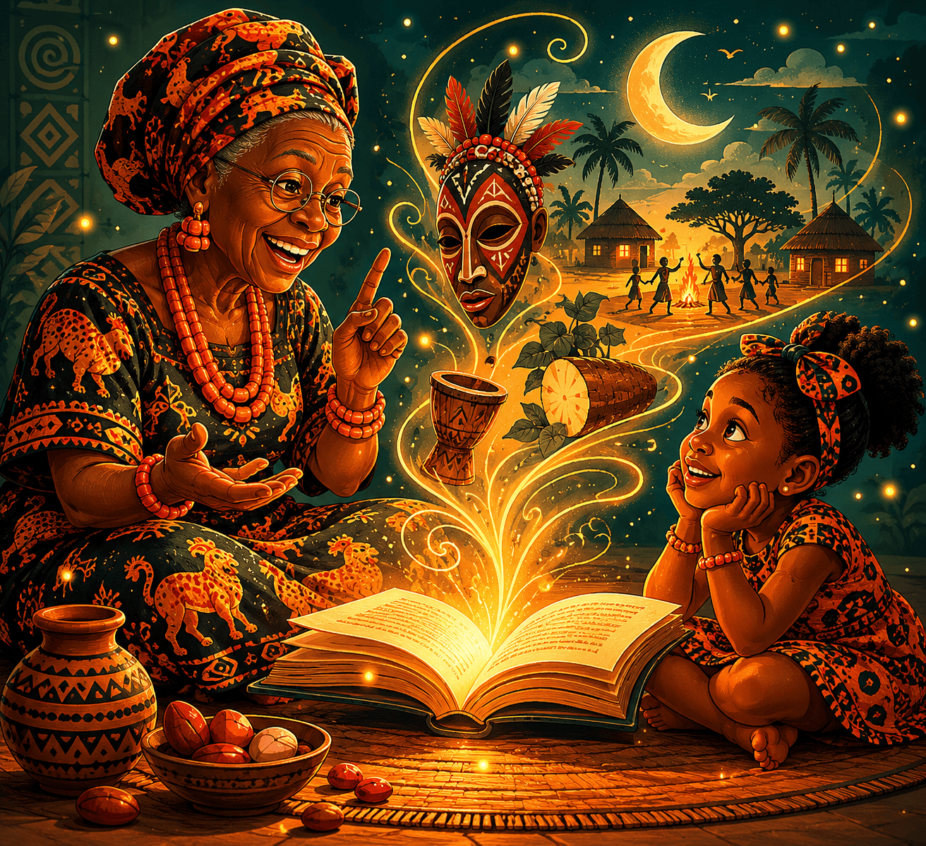 Igbo Culture and Folktales — Learn Language Through Stories Warm cartoon illustration of an Igbo grandmother telling a folktale to a child with cultural scenes floating from an open book