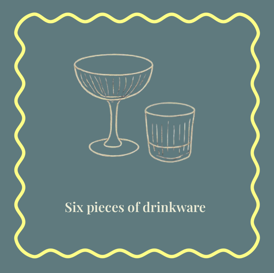 Line drawing of a ribbed coupe and lowball glass,  framed by a wavy yellow border.