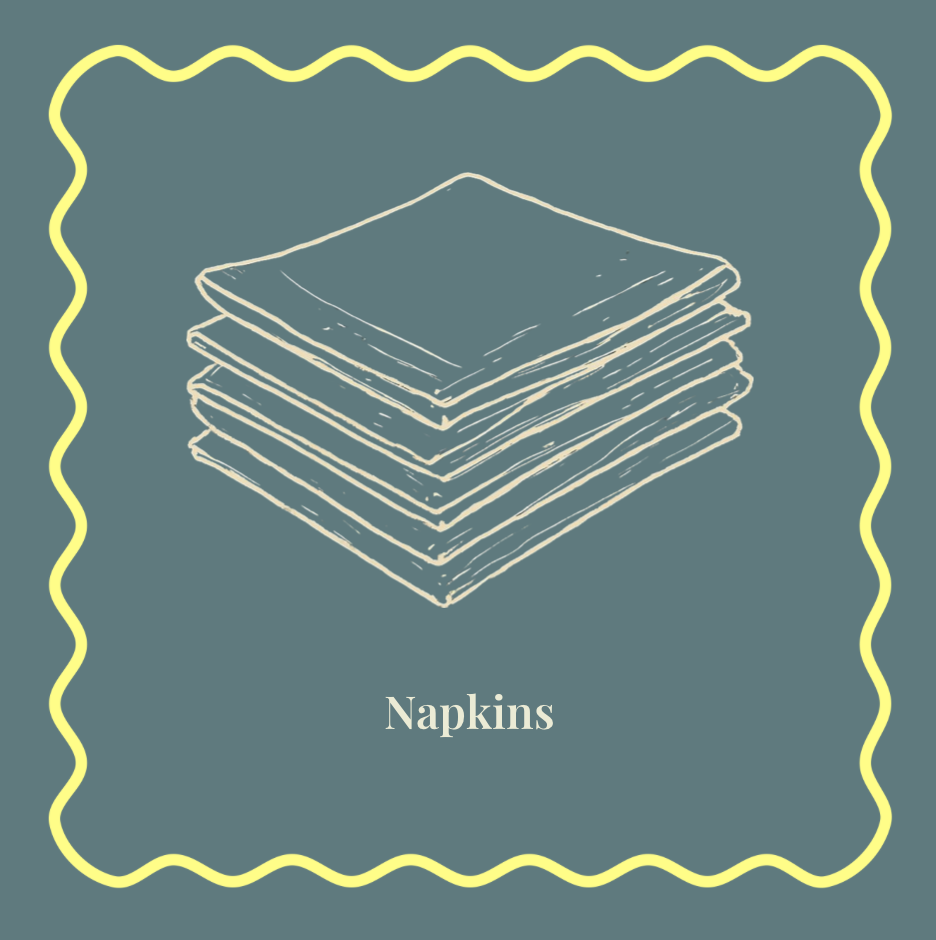 Line drawing of a stack of folded towels or cloths with the word "Napkins" beneath it, framed by a wavy yellow border.