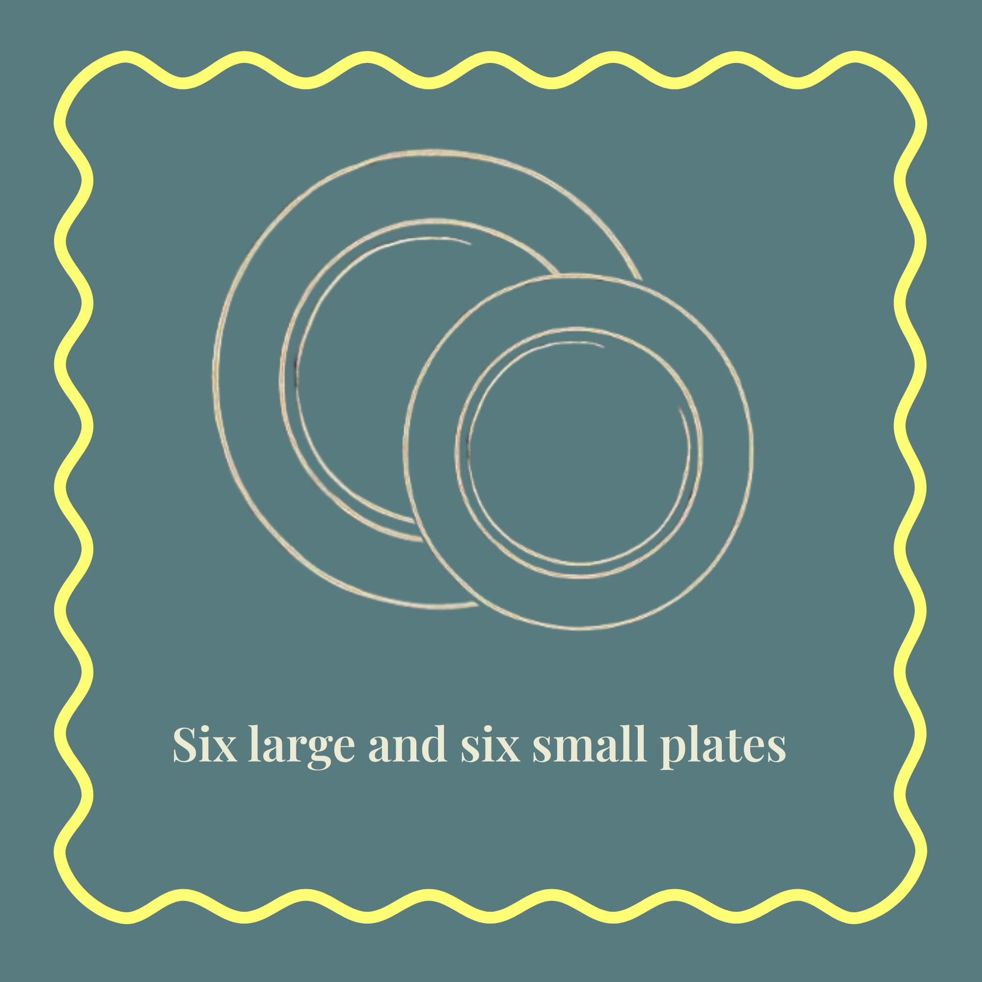 Line drawing of small and large plates, framed by a wavy yellow border.