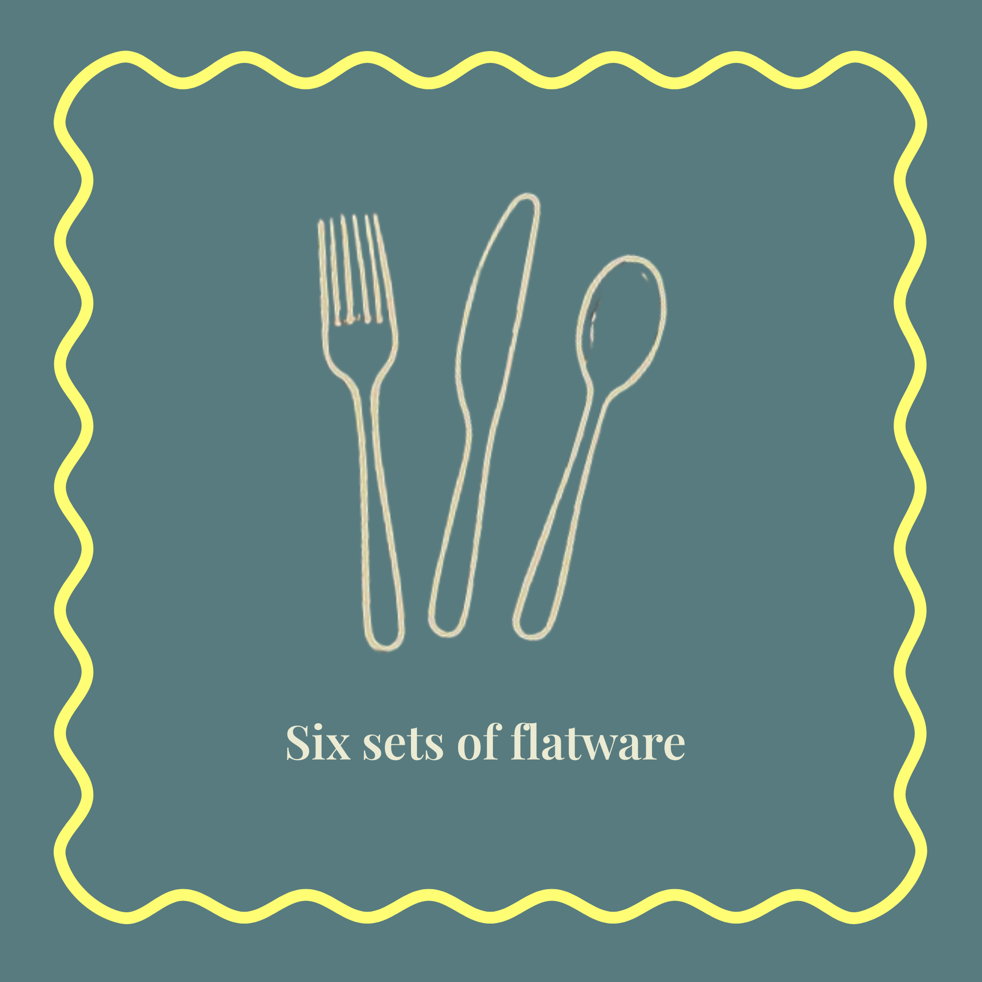 Line drawing of a fork, knife, and spoon, framed by a wavy yellow border.