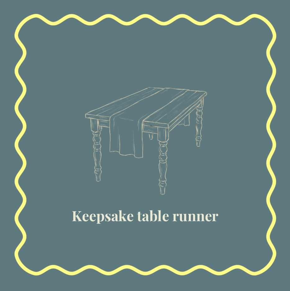 Line drawing of a table with a table runner, framed by a wavy yellow border.