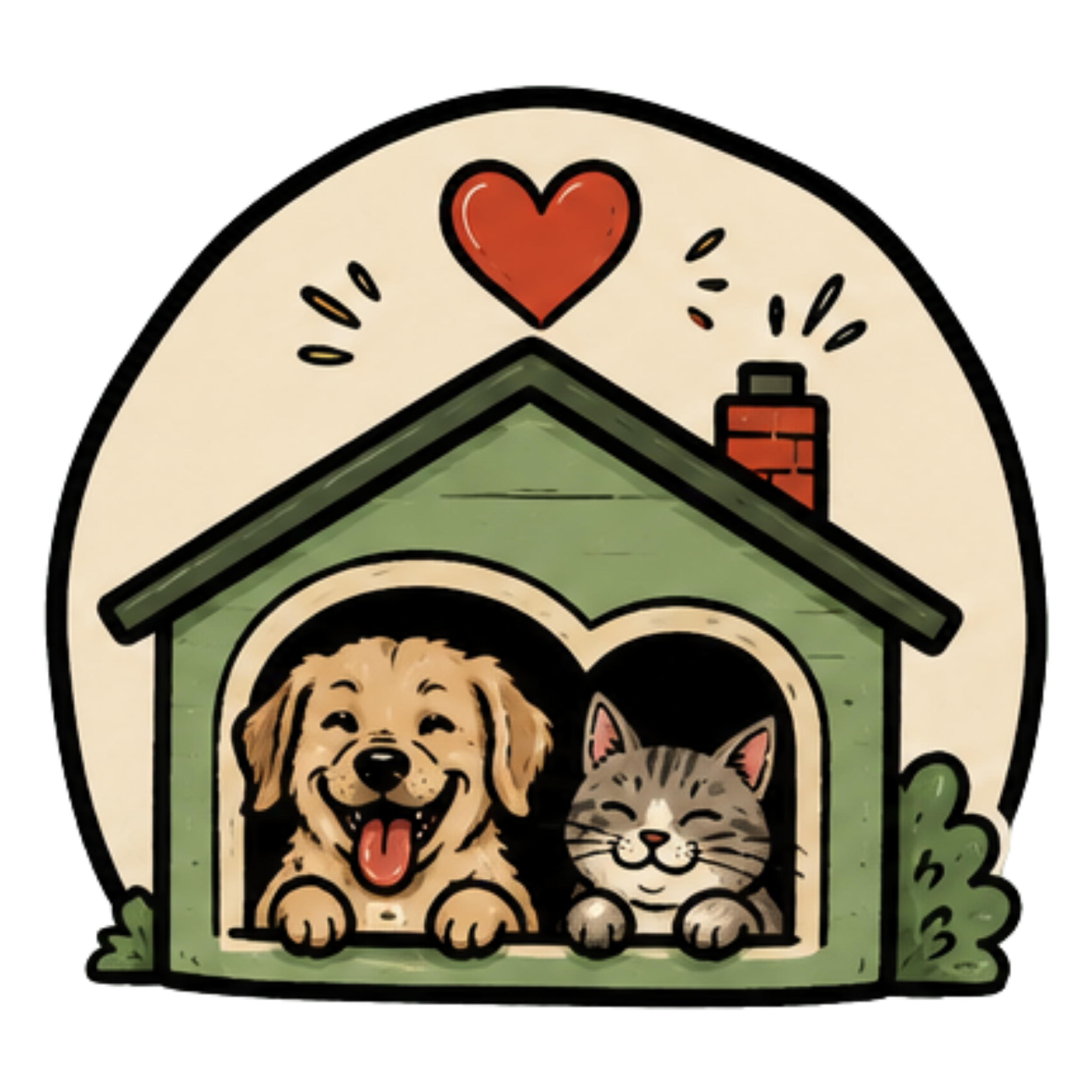 Sticker featuring a cartoon dog and cat inside a doghouse with a heart above, decorated with red bricks.