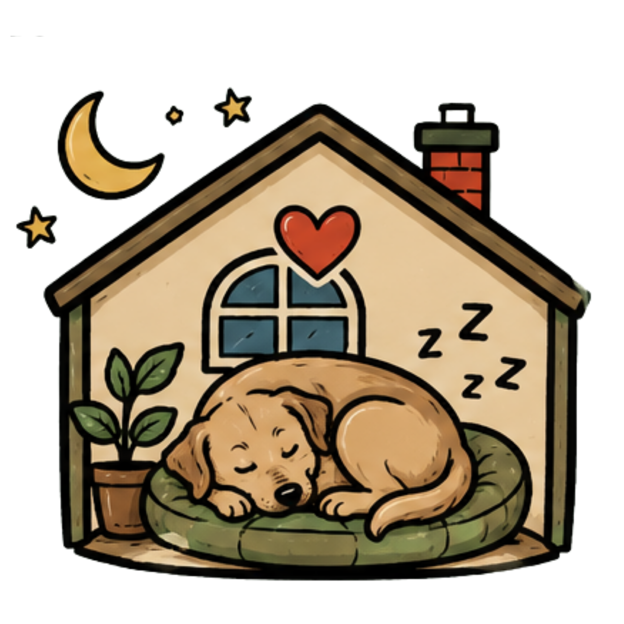 Illustration of a cozy house with a triangular roof, a red chimney, and a window with blue panes. The house has decorative elements like a red heart and green leaves, set against a background featuring a crescent moon and stars.