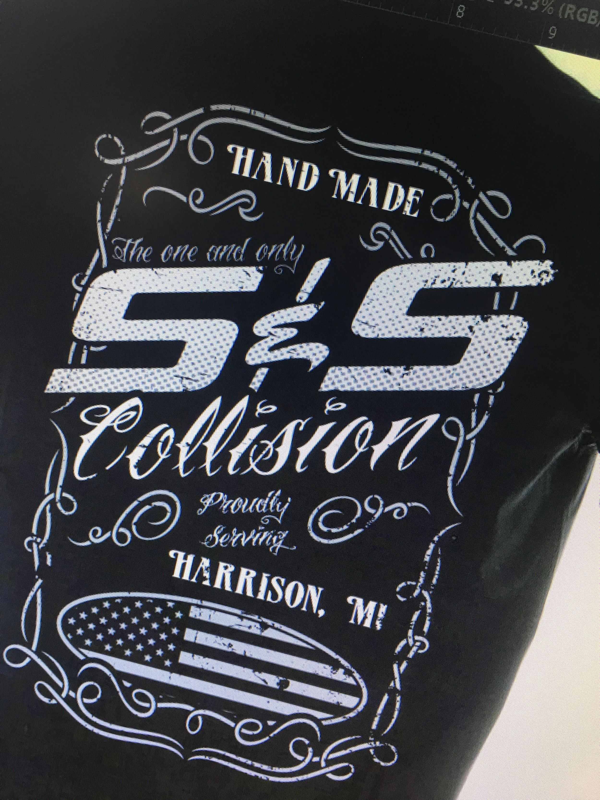 Design featuring the number 52 with the text "Hand Made" above it, surrounded by decorative curved lines and an American flag motif at the bottom.
