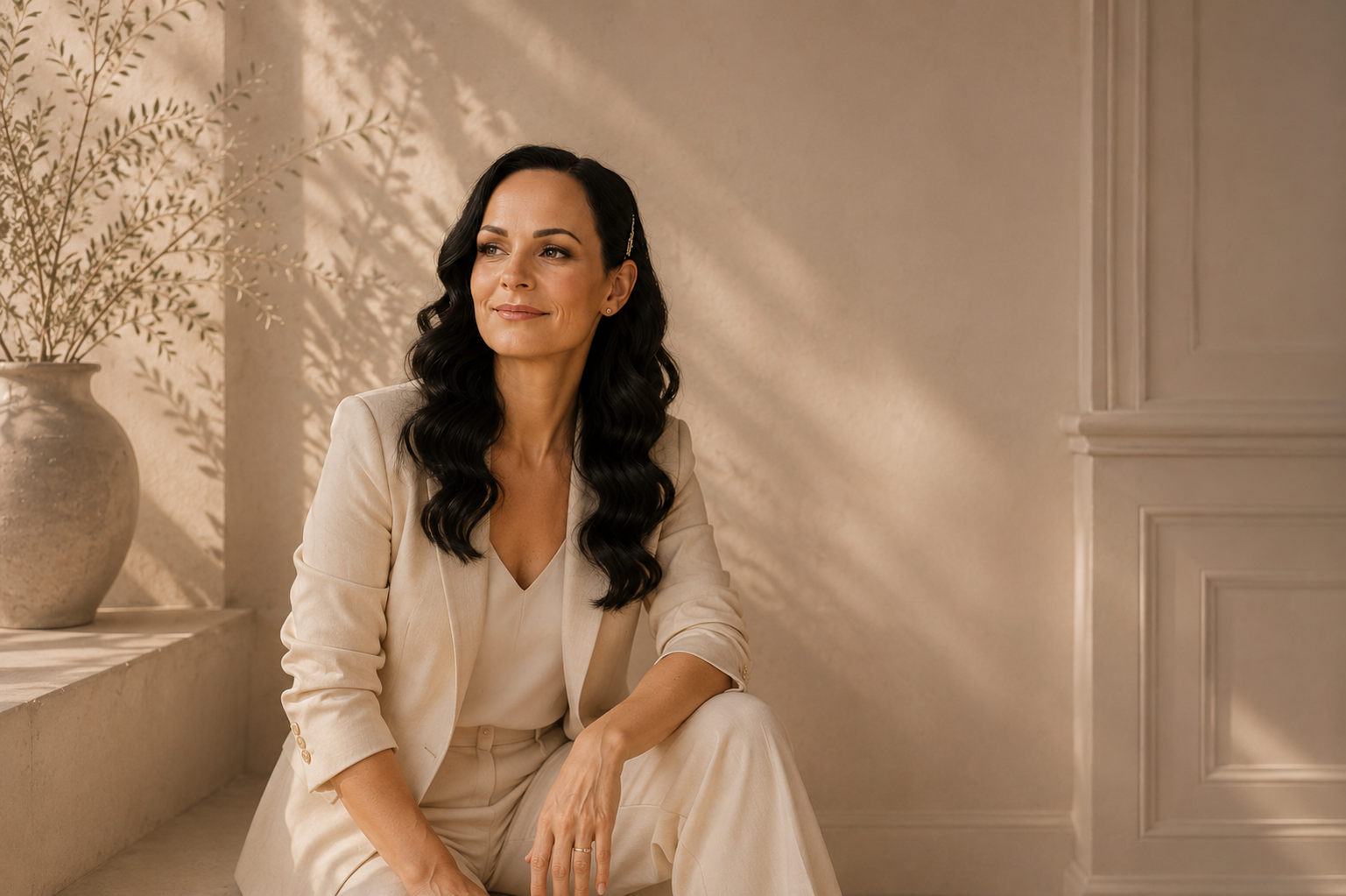 Eine elegante Frau mit langen schwarzen Haaren sitzt in einem hellen Raum, umgeben von minimalistischem Dekor und einer leuchtenden Atmosphäre.