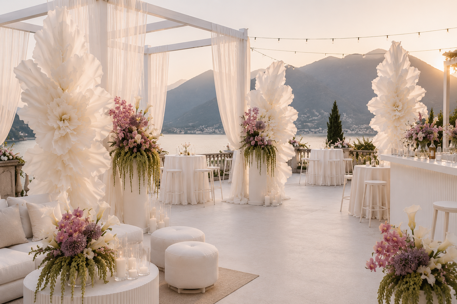 Luxuriöses Event Design von Atelier Beren mit floralen Kunstinstallationen, exklusiver Dekoration und Seeblick für Hochzeiten und besondere Events in Österreich und Norditalien.