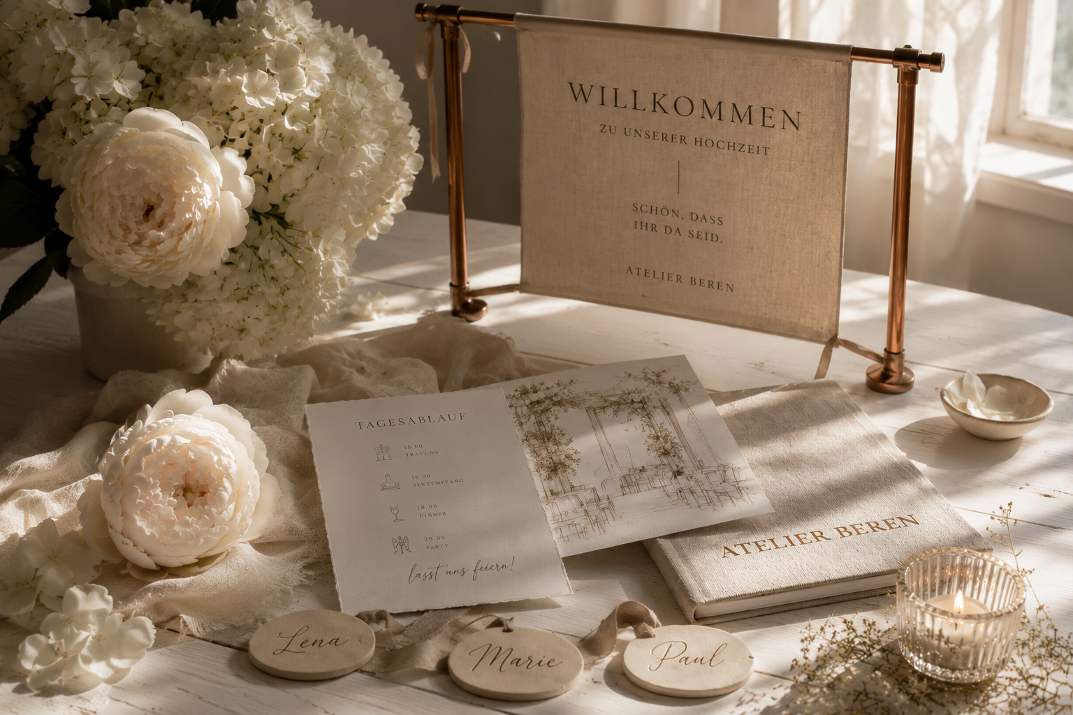 Individuell gestaltete Hochzeitspapeterie mit floralen Details und exklusivem Eventdesign von Atelier Beren