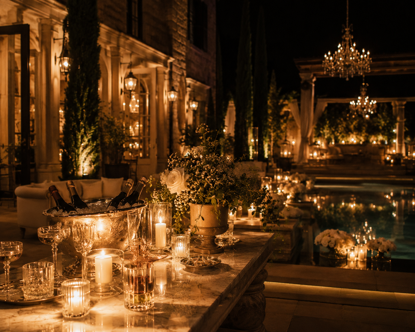 Ein eleganter lichterreicher Abendbereich im Freien, mit Kerzen, Blumen und Weinflaschen auf einem Marmortisch, im Hintergrund ein Wasserbecken und eine Gartenveranda mit Kronleuchtern.