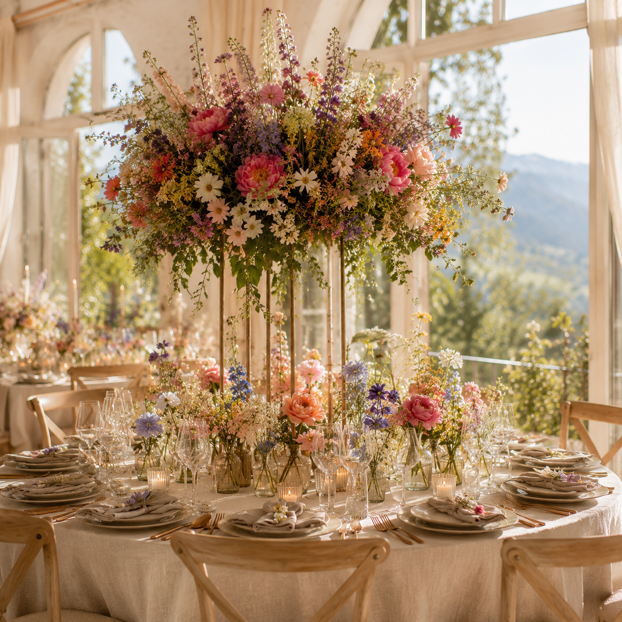 Elegante Hochzeitstafel mit floralen Details, Kerzenlicht und natürlicher Leichtigkeit