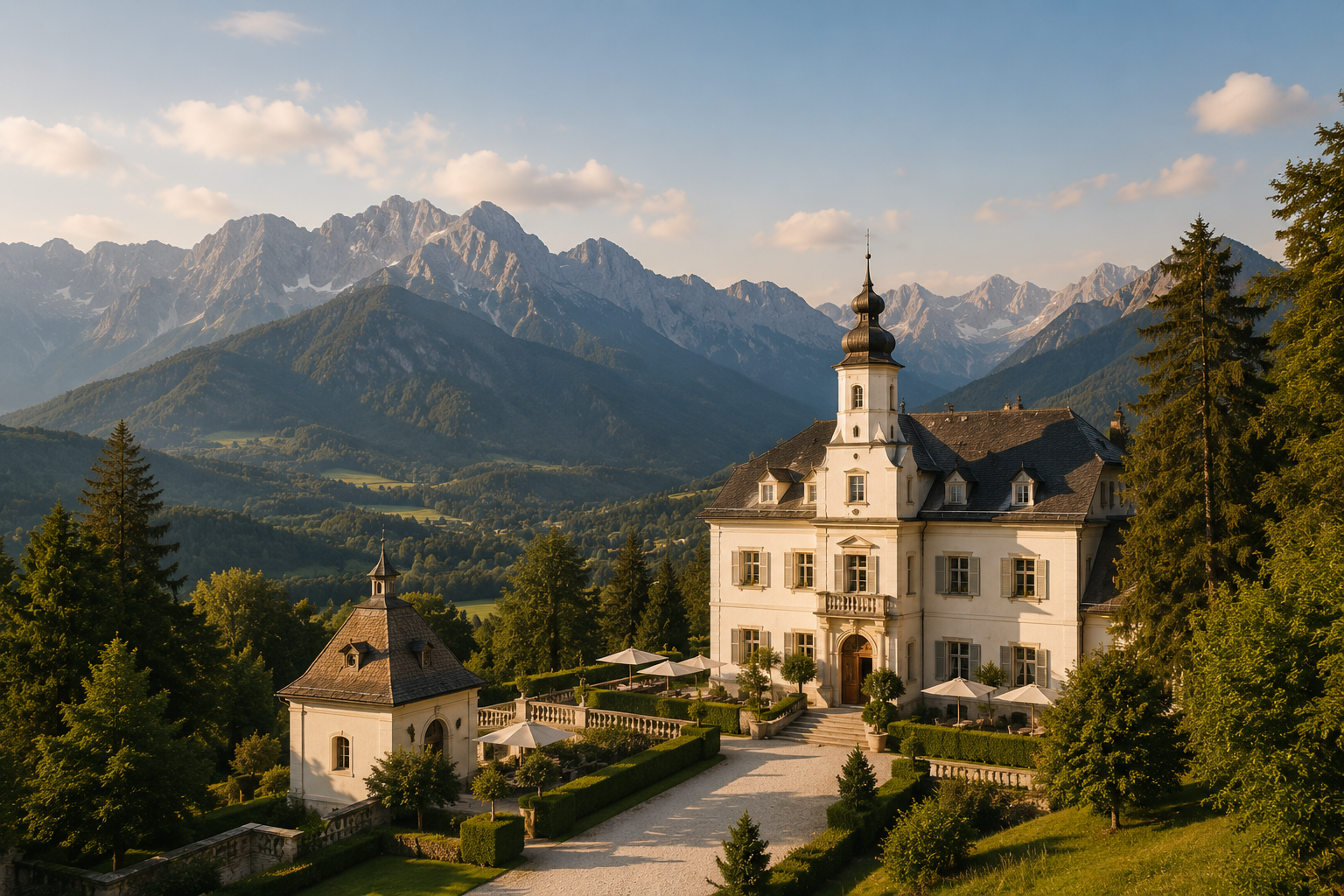Historisches Anwesen in den österreichischen Alpen mit Blick auf die Berglandschaft rund um Schladming.