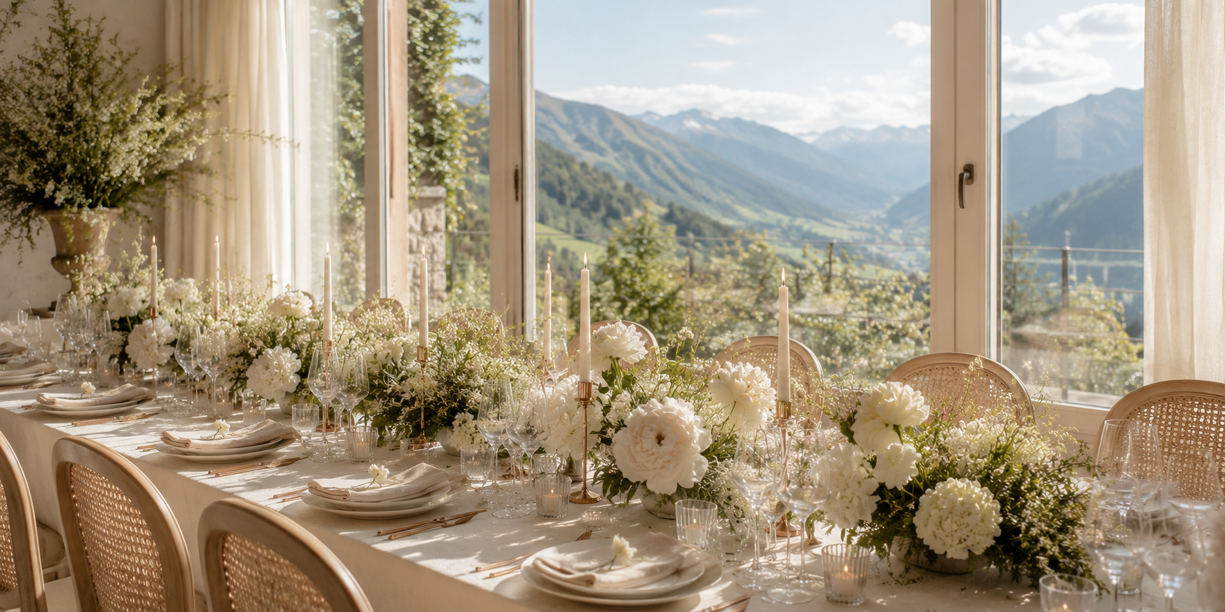 Elegante Hochzeitstafel mit weißer Floristik und Kerzenlicht in alpiner Kulisse
