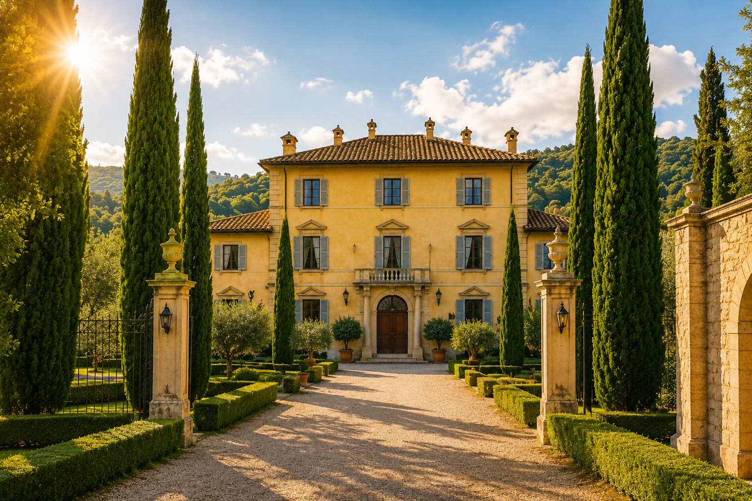 Historische Villa mit Zypressenallee in Norditalien – exklusive Kulisse für Destination Weddings.