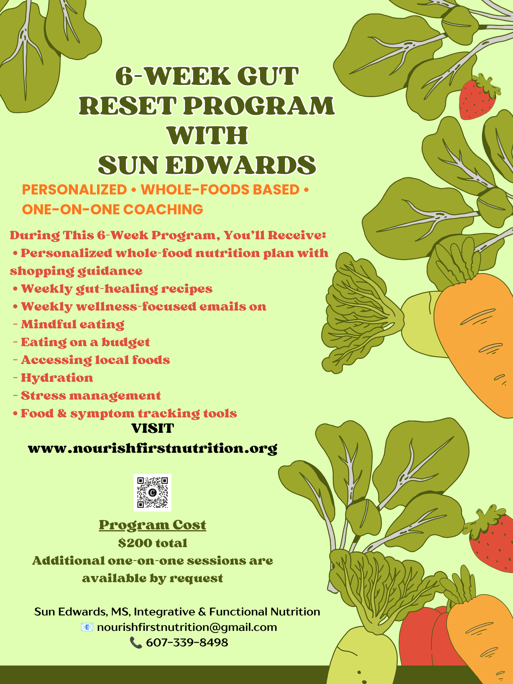 A promotional flyer for a 6-week gut reset program with Sun Edwards, featuring a light green background and illustrations of vegetables such as tomatoes, strawberries, and leafy greens around the edges. The flyer details program features, costs, and contact information.