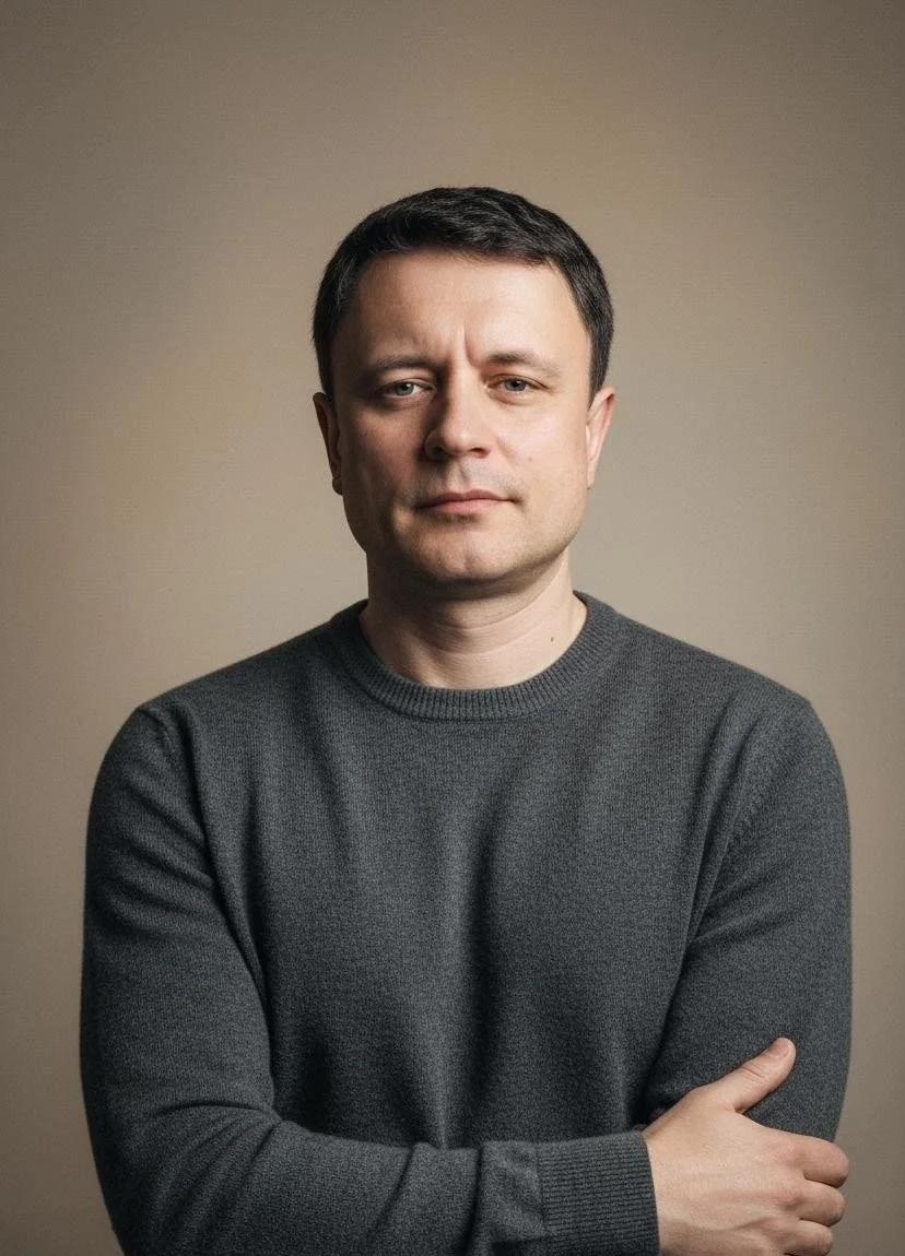 Portrait of a man with short dark hair, wearing a dark gray sweater, standing against a neutral background with arms crossed.