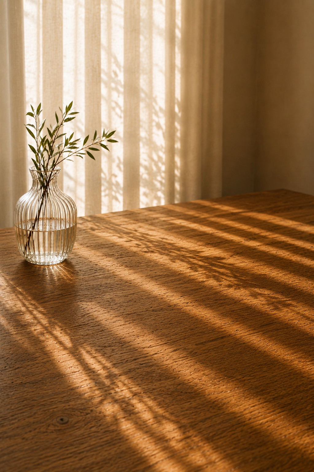 Glass vase with a leafy branch on a wooden table in warm natural light.