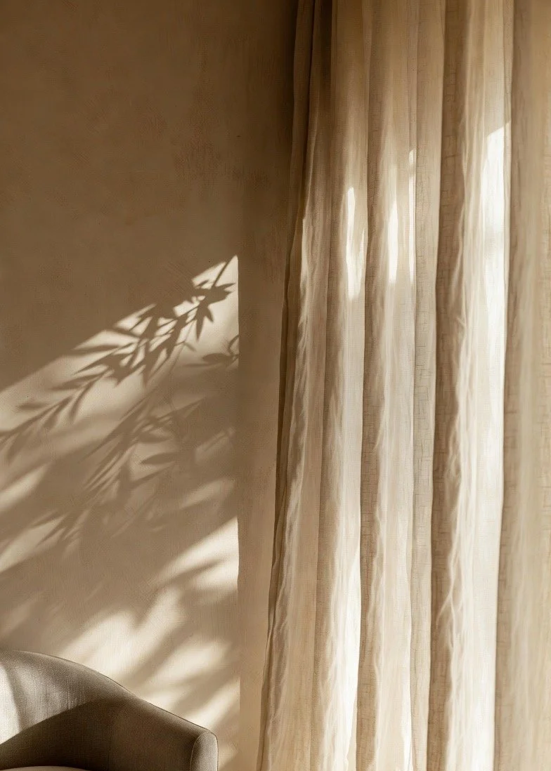 Soft natural light casting botanical shadows on a limestone wall beside a curtain.