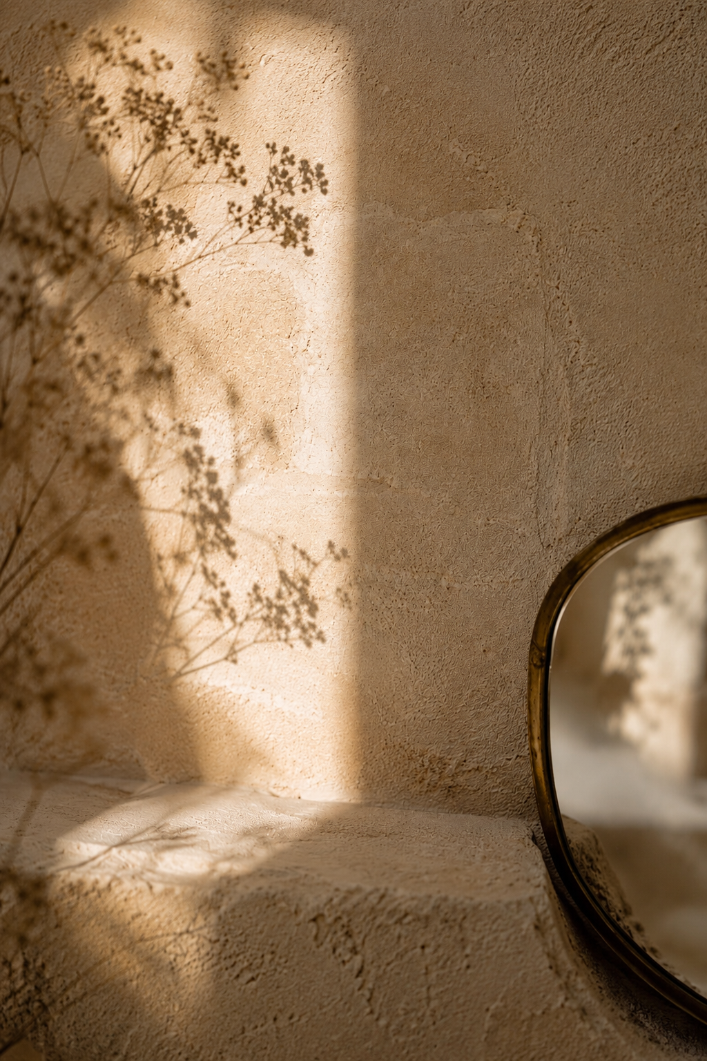 A small, oval mirror against a limestone wall with soft botanical shadows and reflected dried flowers.