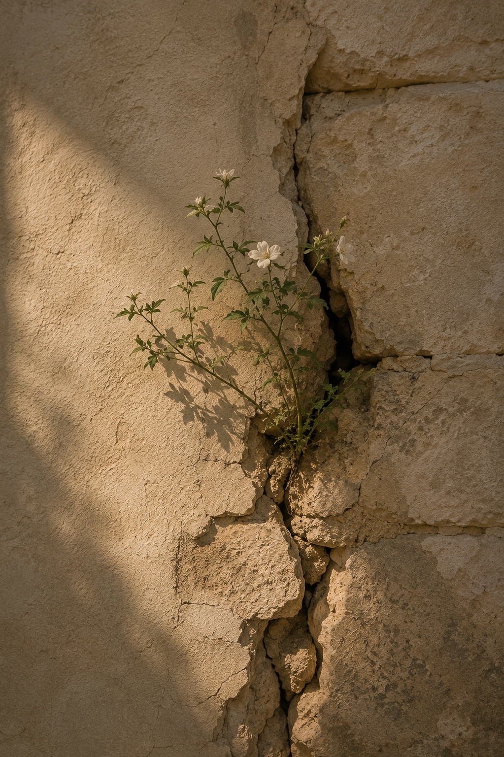 Small flowering plant emerging from a crack in a stone wall.