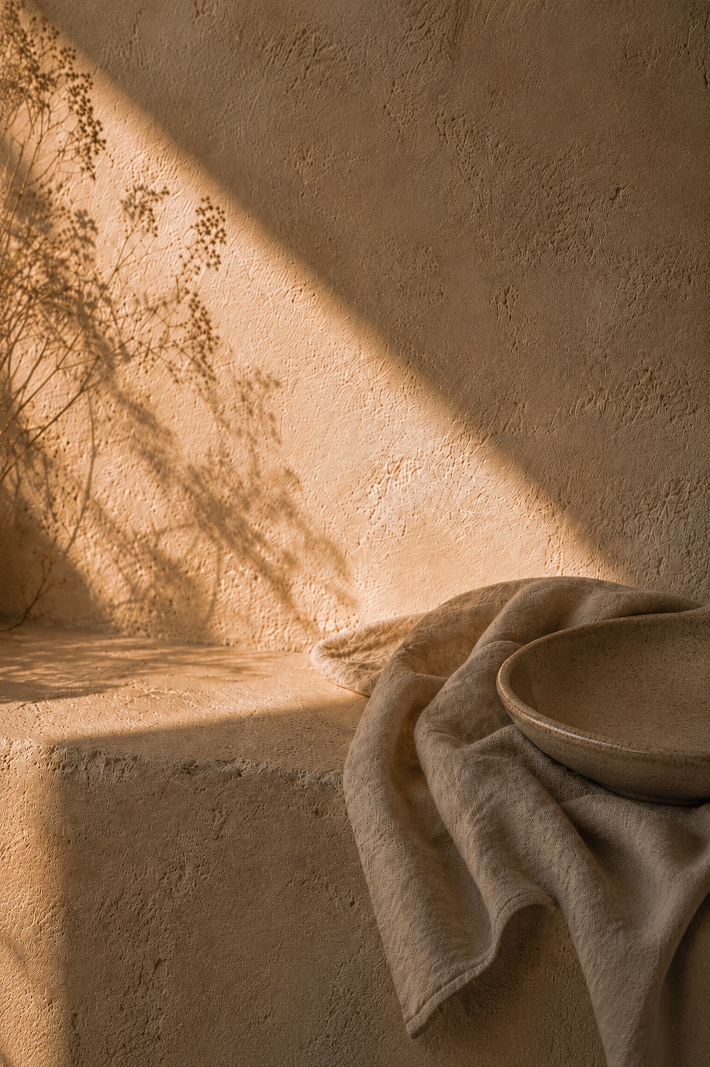 Ceramic bowl on linen fabric with soft botanical shadows in natural light.