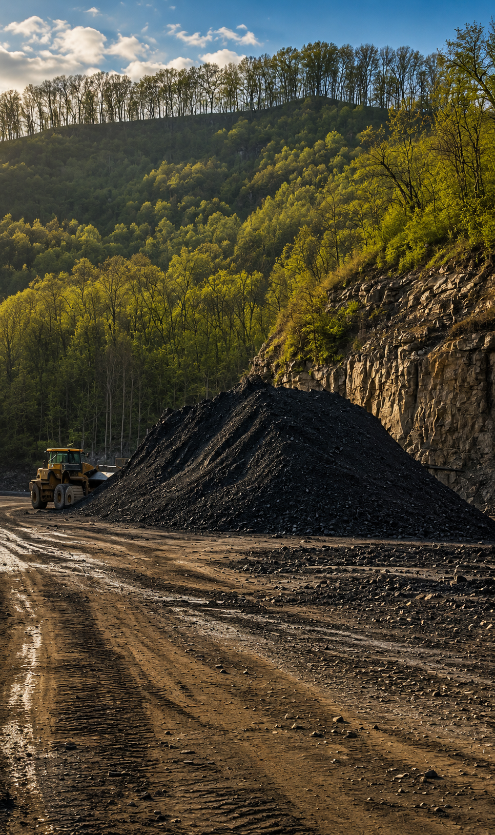 A construction site in a forested area with a large pile of dark gravel or crushed stone, a bulldozer, and surrounded by green trees on rolling hills, under a partly cloudy sky.