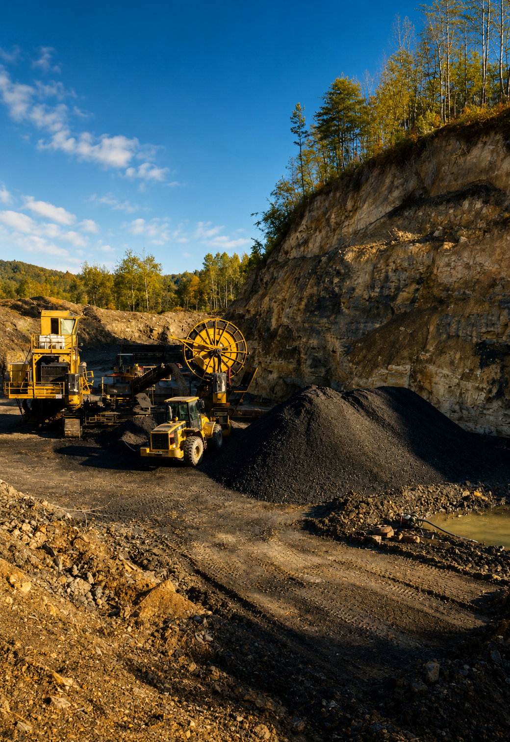 Construction site with yellow machinery, including a wheel and bulldozer, near a rocky cliff and piles of dirt under a clear blue sky.