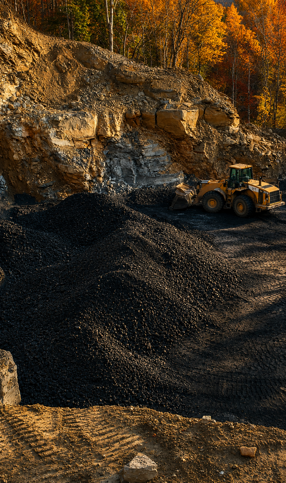 A large yellow bulldozer moving coal near a rocky cliff in a forest with autumn-colored trees.
