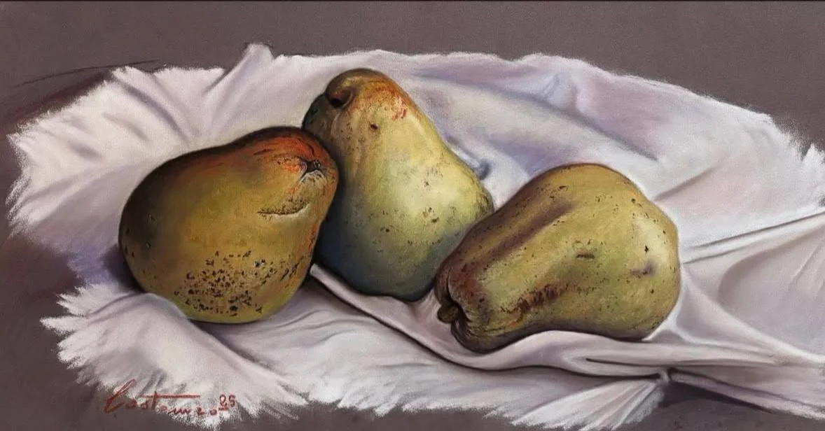 NATURA MORTA: PERE, PASTELLI MORBIDI, 20 X 37 CM