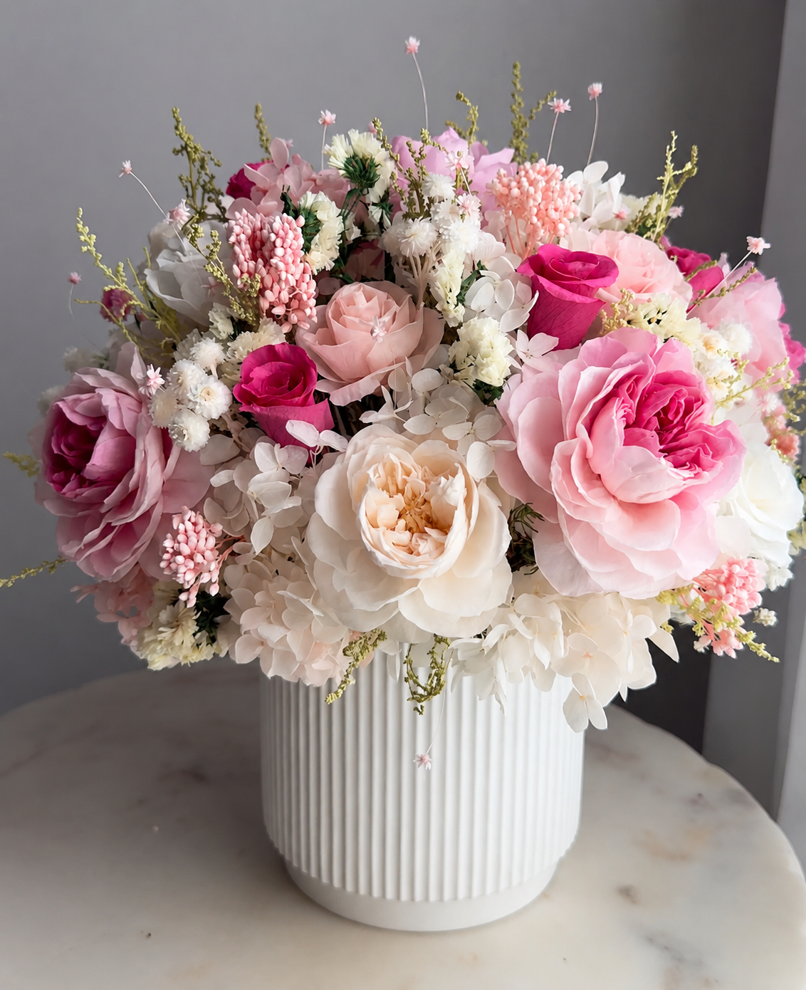 Blush Garden Arrangement in Ceramic Vase or woven basket