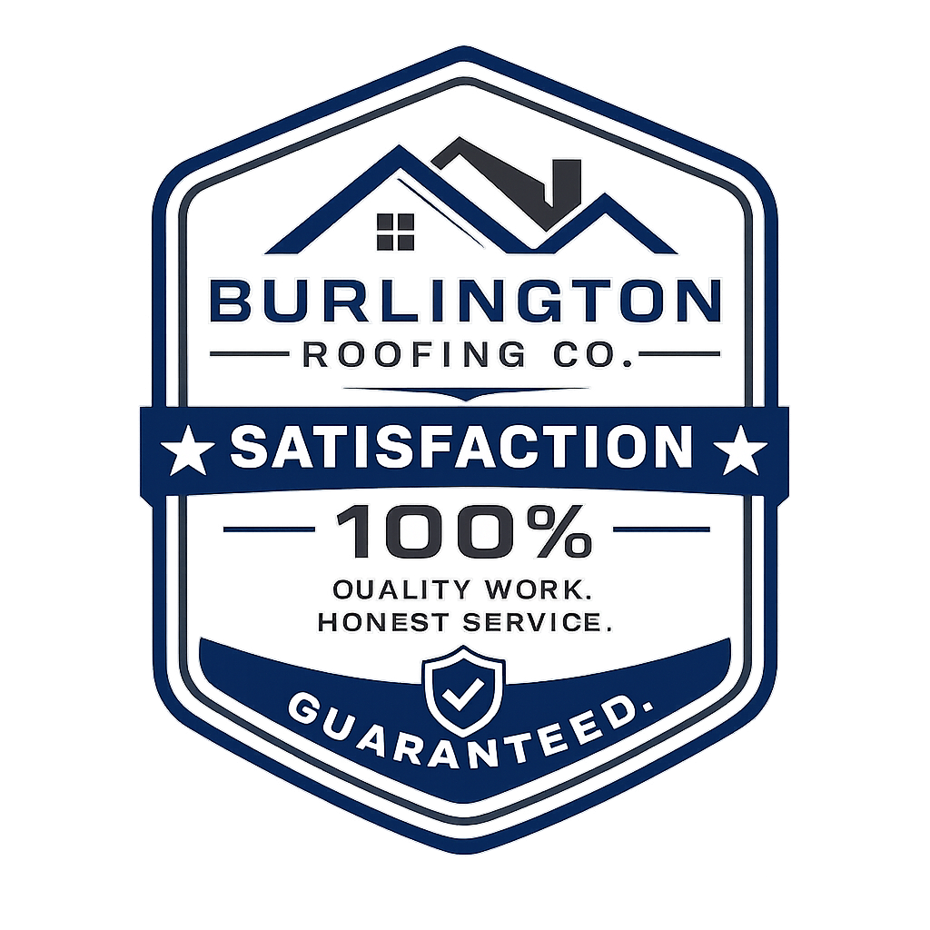 Logo of Burlington Roofing Co. with houses and a rainbow color test pattern, featuring text that emphasizes satisfaction, quality work, honest service, and guaranteed satisfaction.