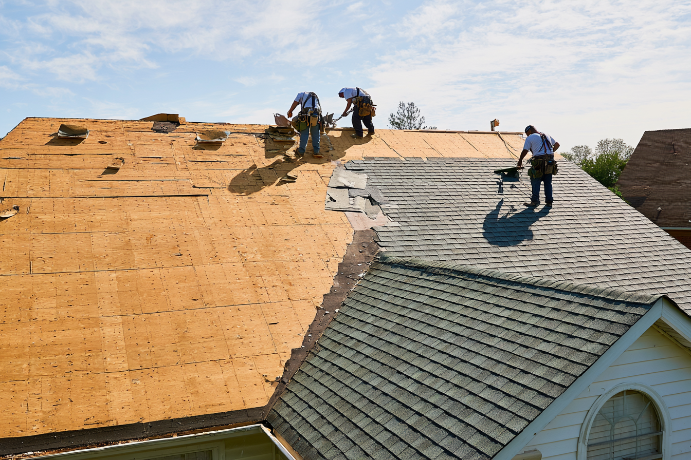Three workers are repairing and replacing shingles on a roof on a sunny day.