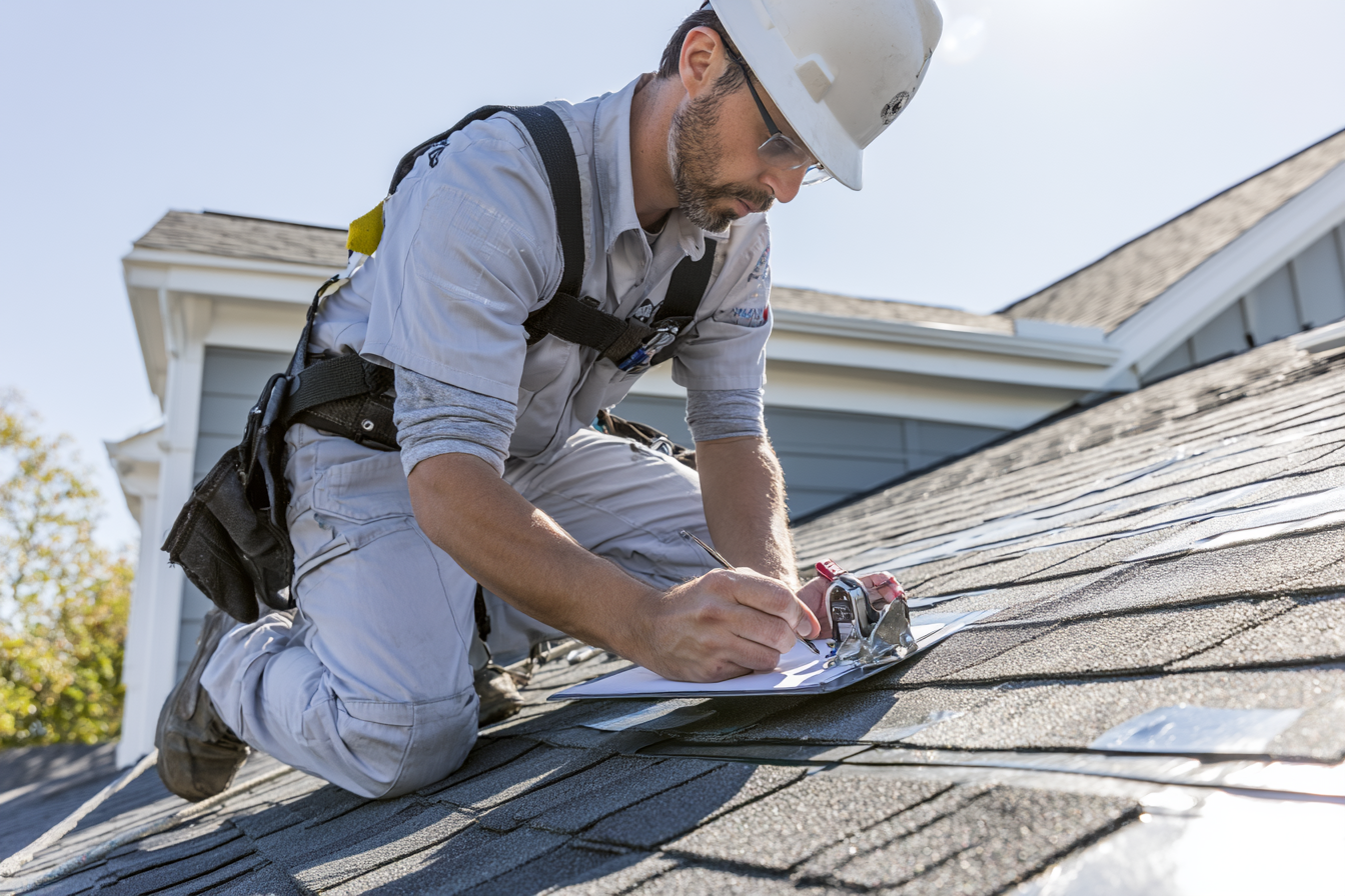 A man wearing a white safety helmet and work uniform kneels on a house roof, writing on a clipboard.